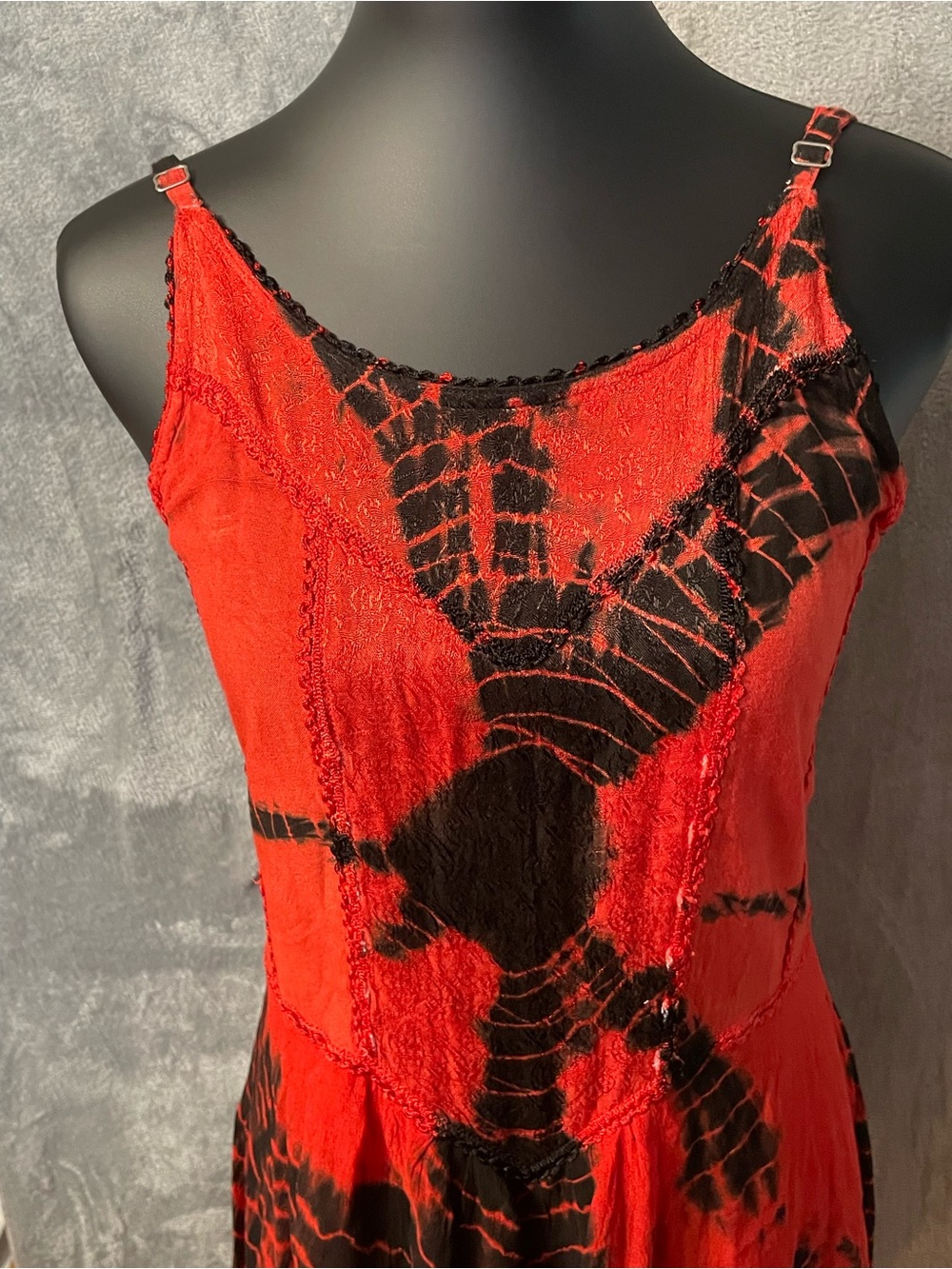 Red & Black Tie-Dye Slip bohemian dress with kerchief hem